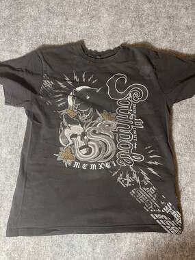 Vintage Y2K Southpole Black Graphic T-Shirt Panther Skull Truth and Liberty  S